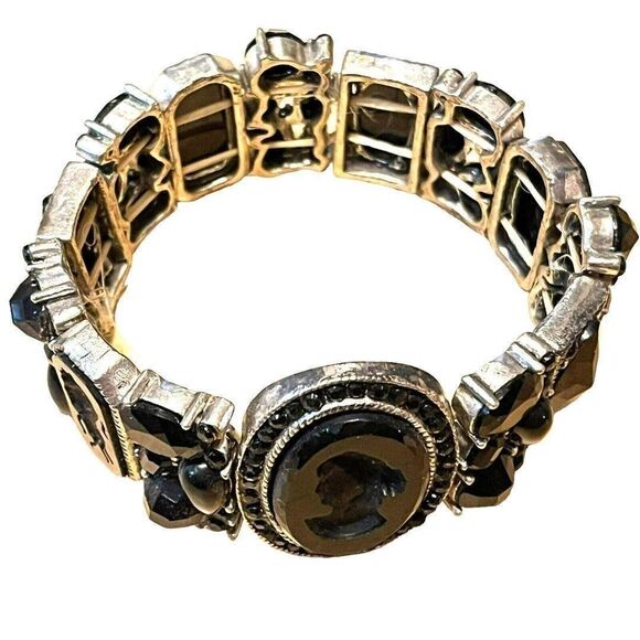 Costume Silver w/ Black Onyx Lucite Embossed Jewelry Bracelet Panels Stretch - Picture 6 of 8